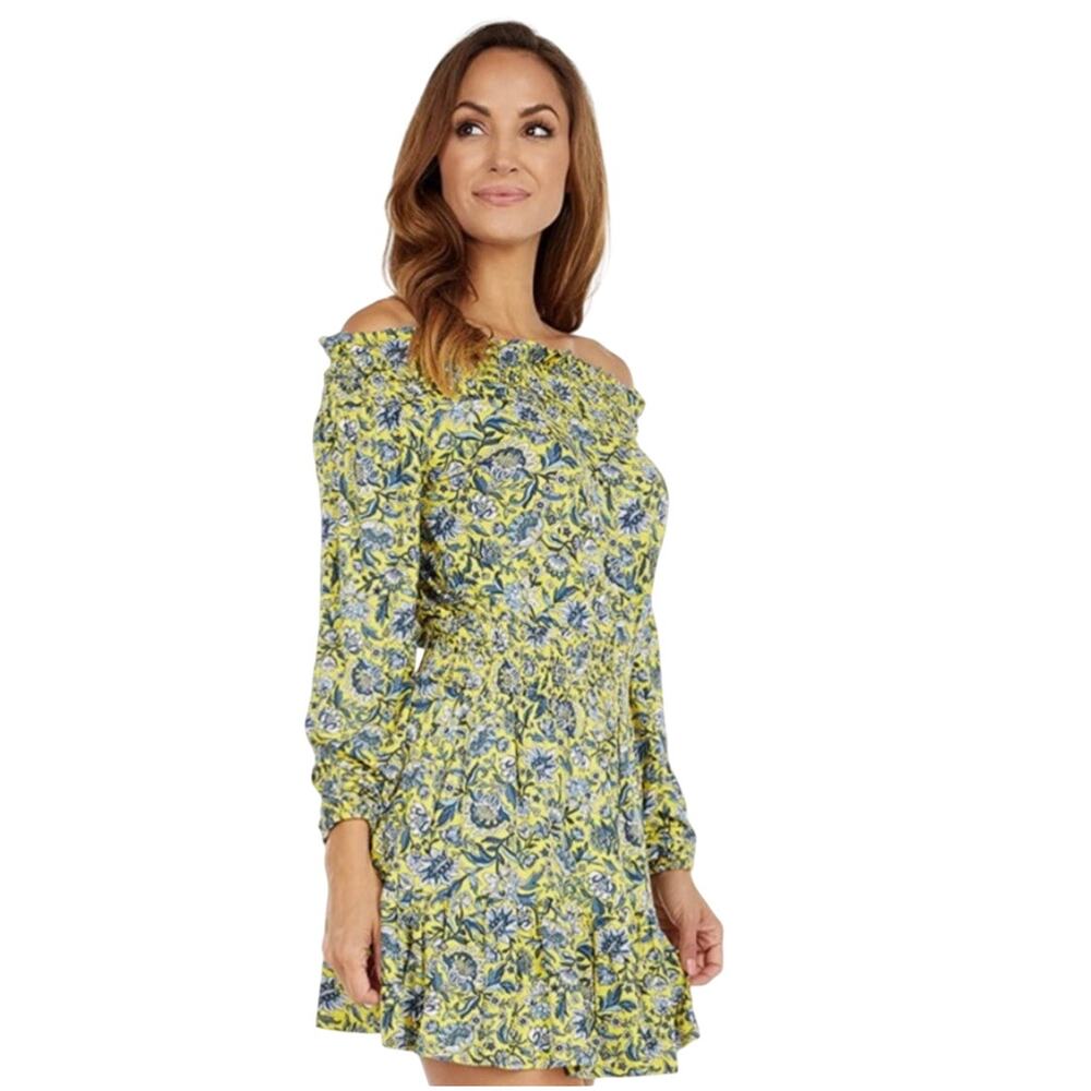 MICHAEL Kors Fleur Print Off the Shoulder Smocked Mini Dress Small